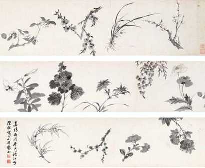 陈栝 1526年作 墨笔花卉 手卷